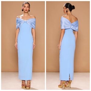 NEW Sonya Moda Belluno Blue Dress Off-Shoulder Bow Crepe Midi Column, Sz 12